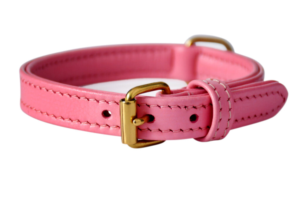 Soft Collar – Pink - Pink and white soft cow leather collar with machine stitching and brass lacquered hardware in 1.5 x 35 cm size...