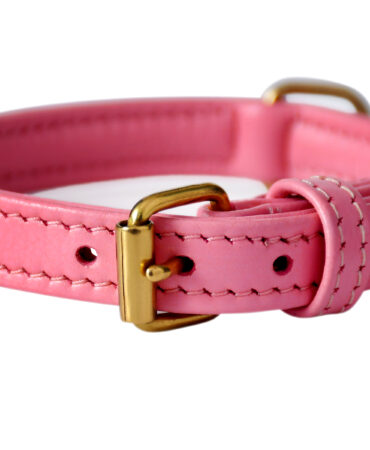 Soft Collar – Pink - Pink and white soft cow leather collar with machine stitching and brass lacquered hardware in 1.5 x 35 cm size...