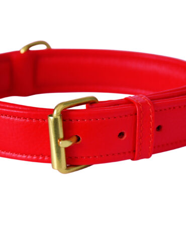 Soft Collar – Red - Red and white soft cow leather collar with machine stitching and brass lacquered hardware in 3 x 60 cm size...