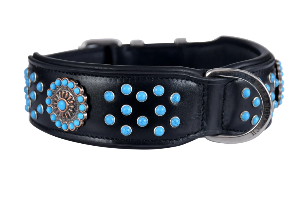 Fancy Collar – Blue Pearls - Image 1 - A medium black leather collar with soft padding, blue pearl decoration, and stainless steel hardware for secure and stylish use.