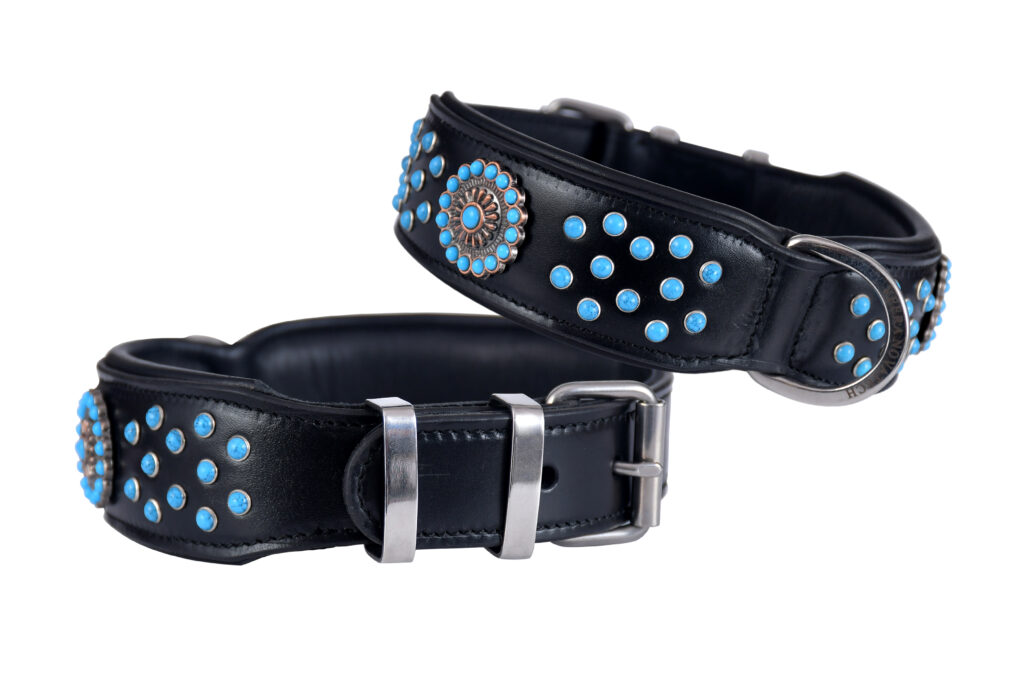 Fancy Collar – Blue Pearls - Black leather dog collar with soft padding, blue pearl accents, and stainless steel hardware in a medium size for comfort...