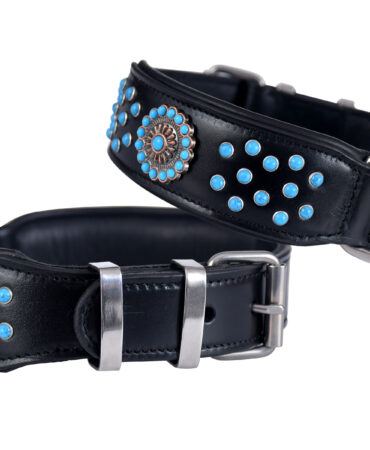 Fancy Collar – Blue Pearls - Black leather dog collar with soft padding, blue pearl accents, and stainless steel hardware in a medium size for comfort...