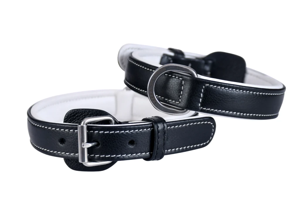 Soft Collar – Black - Black and white soft cow leather collar with machine stitching and stainless steel hardware in 2.5 x 50 cm size...