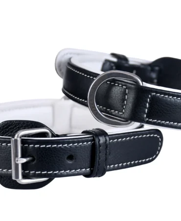 Soft Collar – Black - Black and white soft cow leather collar with machine stitching and stainless steel hardware in 2.5 x 50 cm size...