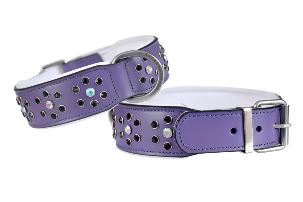 Fancy Collar – Purple - Purple leather dog collar with white padding, black and white stones, and stainless steel hardware in a large size for...
