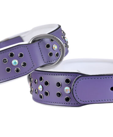 Fancy Collar – Purple - Purple leather dog collar with white padding, black and white stones, and stainless steel hardware in a large size for...