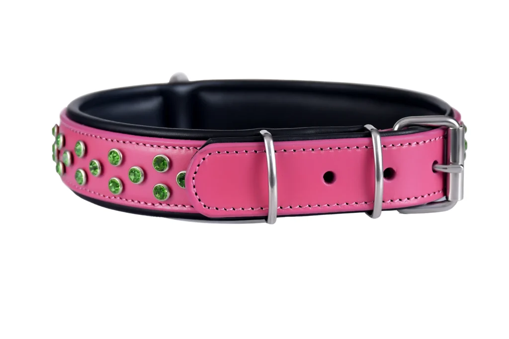 Fancy Collar – Pink - Image 1 - Premium pink dog collar crafted with soft cow leather on top and white leather underneath, offering a stylish design with a smooth finish.