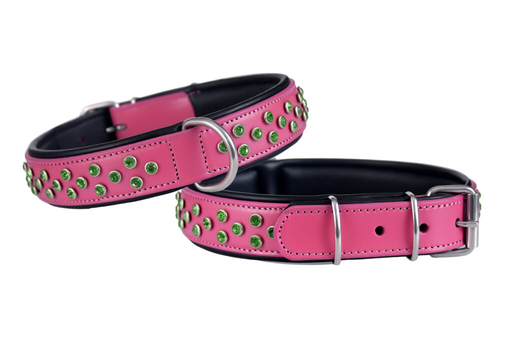 Fancy Collar – Pink - It features pink cow softy leather on the top and white cow softy leather underneath.
