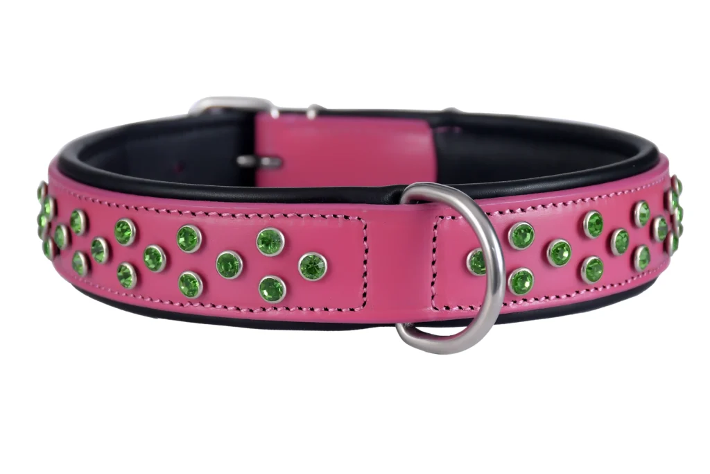 Fancy Collar – Pink - Image 2 - Premium pink dog collar crafted with soft cow leather on top and white leather underneath, offering a stylish design with a smooth finish.