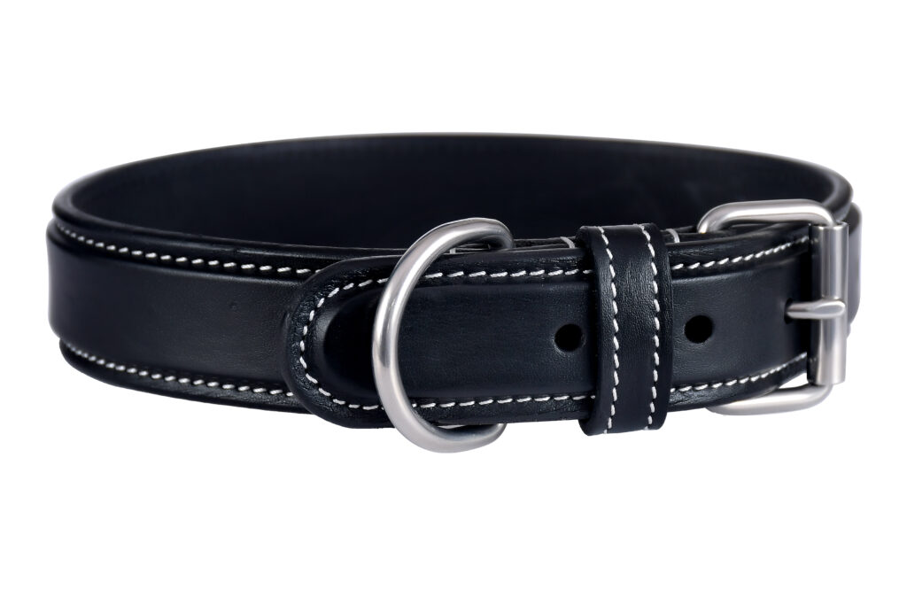 Fancy Collar – Black - Black fancy leather collar with soft cow leather padding, stainless steel hardware, and decorative square raised stitching for comfort and...