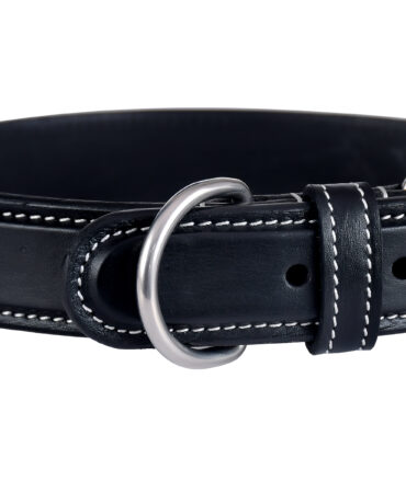 Fancy Collar – Black - Black fancy leather collar with soft cow leather padding, stainless steel hardware, and decorative square raised stitching for comfort and...