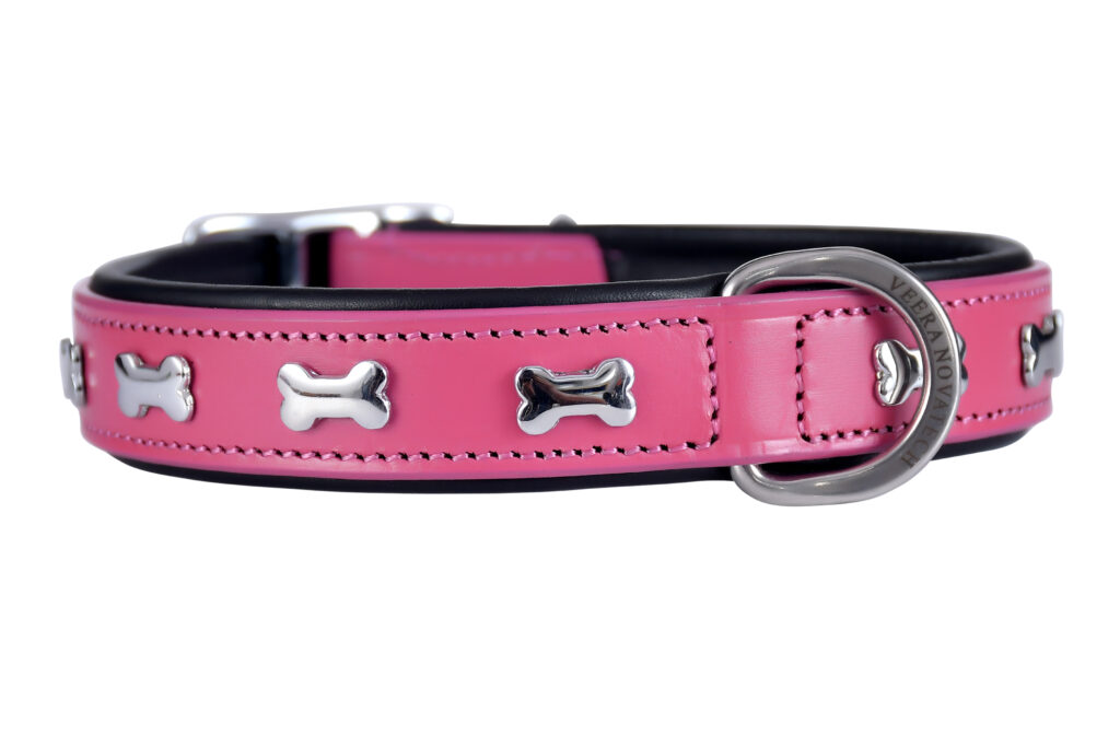 Fancy Collar – Pink (DogStone) - The Fancy Collar – Pink features pink leather on both the top and bottom, complemented by dog-cut stone detailing for...