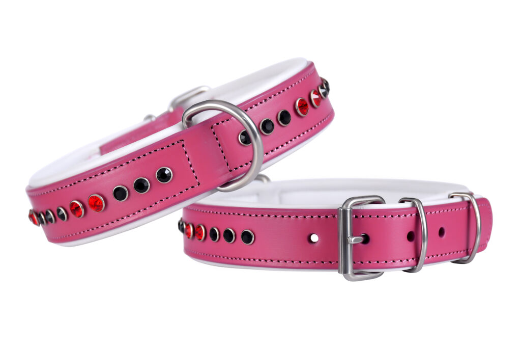 Fancy Collar – Pink (Stone Black Red) - Crafted from pink Indian leather, this fancy dog collar features a cow softy padded lining for a comfortable fit and...