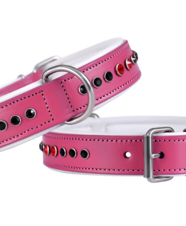 Fancy Collar – Pink (Stone Black Red) - Crafted from pink Indian leather, this fancy dog collar features a cow softy padded lining for a comfortable fit and...