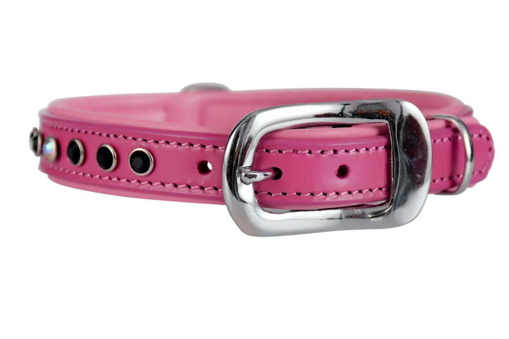 Fancy Collar – Pink (Stone Black White) - Image 1 - Black leather collar with pink and white stone accents, durable stainless steel hardware, and hand-stitched construction.