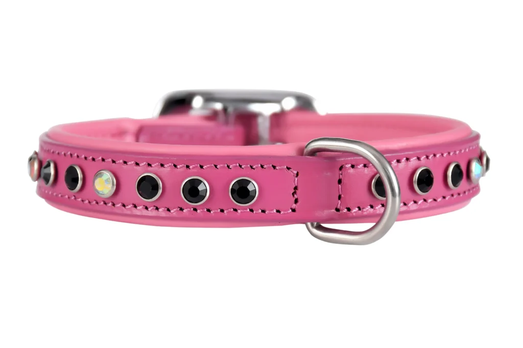 Fancy Collar – Pink (Stone Black White) - Image 2 - Black leather collar with pink and white stone accents, durable stainless steel hardware, and hand-stitched construction.