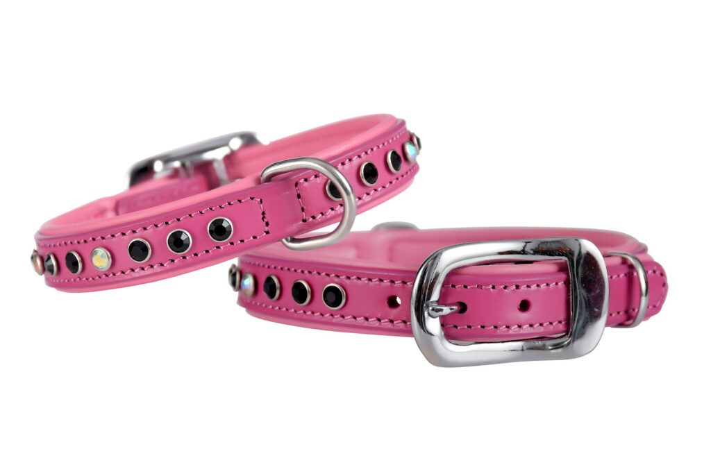 Fancy Collar – Pink (Stone Black White) - It features a black leather collar with pink and white stone accents, durable stainless steel hardware, and hand-stitched construction.