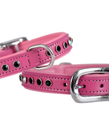 Fancy Collar – Pink (Stone Black White) - It features a black leather collar with pink and white stone accents, durable stainless steel hardware, and hand-stitched construction.