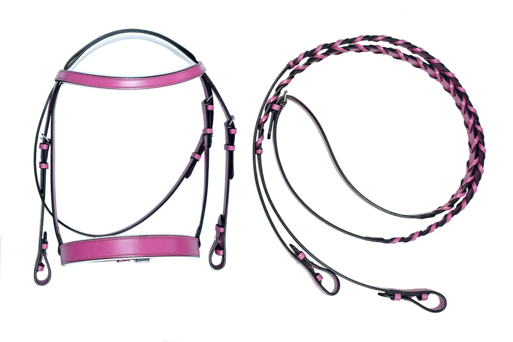 Fancy Bridle – Pink - Premium leather horse bridle with grip reins and stainless steel finish iron hardware, designed for comfort, control, and use in...