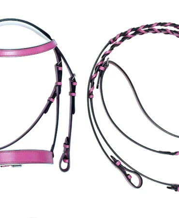 Fancy Bridle – Pink - Premium leather horse bridle with grip reins and stainless steel finish iron hardware, designed for comfort, control, and use in...