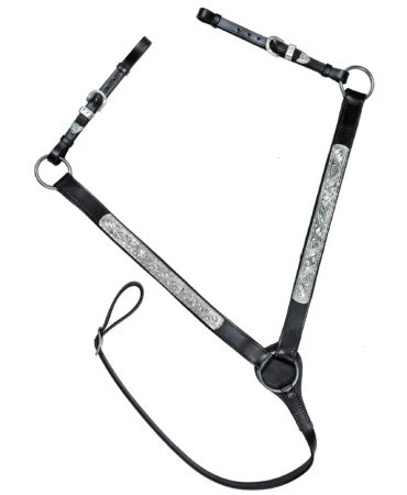 Horse Breastcollar - Black leather horse breastcollar with adjustable straps and silver-plaited brass hardware, designed for secure fit and durability.