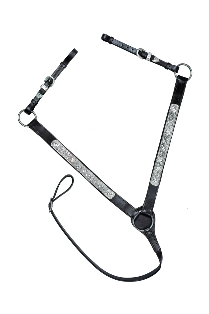 Horse Breastcollar - Black leather horse breastcollar with adjustable straps and silver-plaited brass hardware, designed for secure fit and durability.