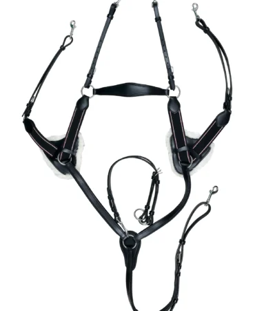 Leather Horse Breastplate - Black leather horse breastplate with gel padding, elastic inserts, and stainless steel hardware, designed for comfort, flexibility, and durability.
