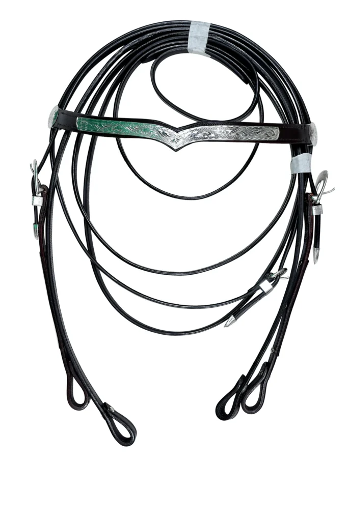Western Head Stall - Chocolate brown western headstall with reins, silver-plaited brass hardware, precise stitching, and durable 703g build.