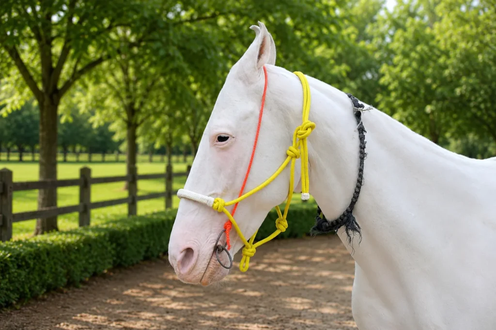 Rope Halter-Yellow Gallery Image 5 - Yellow poly nylon rope horse halter featuring a decorative hair accent and full-size adjustable design. Built without hardware material, it...