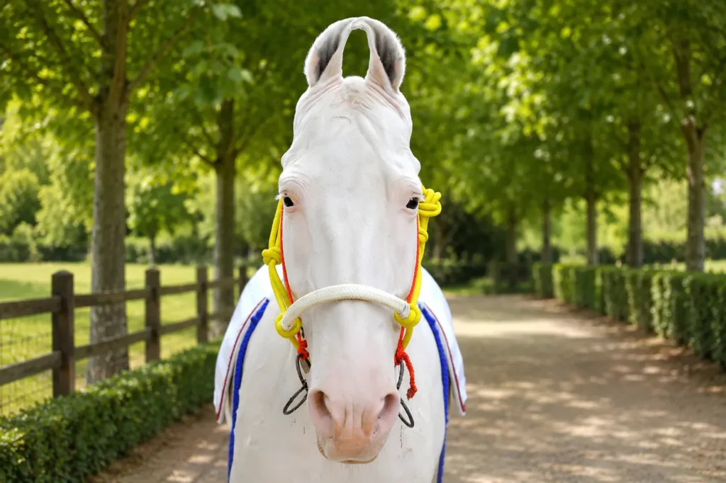 Rope Halter-Yellow Gallery Image 6 - Yellow poly nylon rope horse halter featuring a decorative hair accent and full-size adjustable design. Built without hardware material, it...
