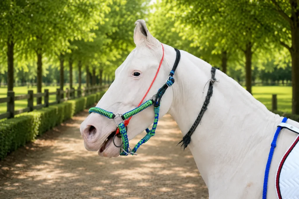 Brided Rope Halter Gallery Image 1 - Hand-braided poly nylon rope halter in mixed green and blue color with diamond-cut gem detailing. Designed in full size with...