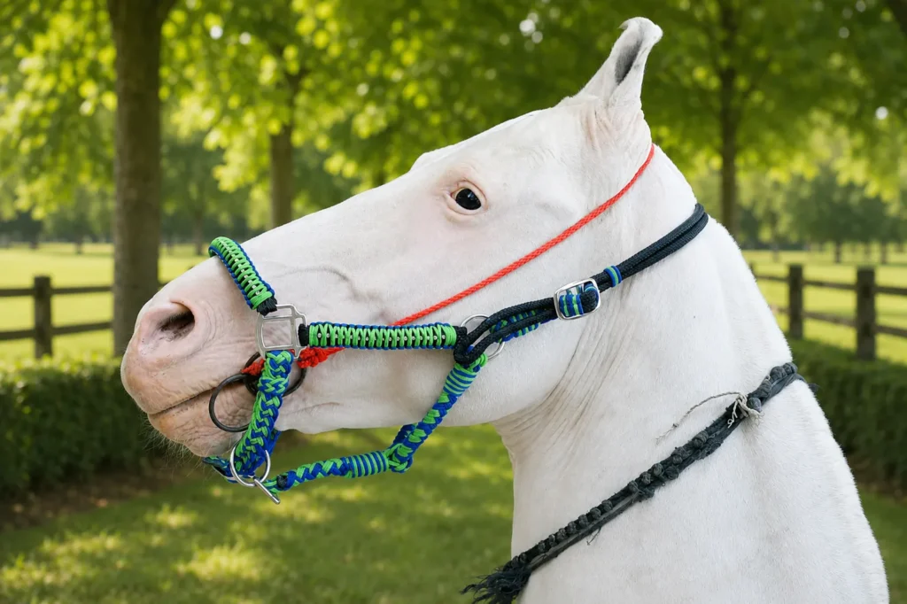 Brided Rope Halter Gallery Image 2 - Hand-braided poly nylon rope halter in mixed green and blue color with diamond-cut gem detailing. Designed in full size with...