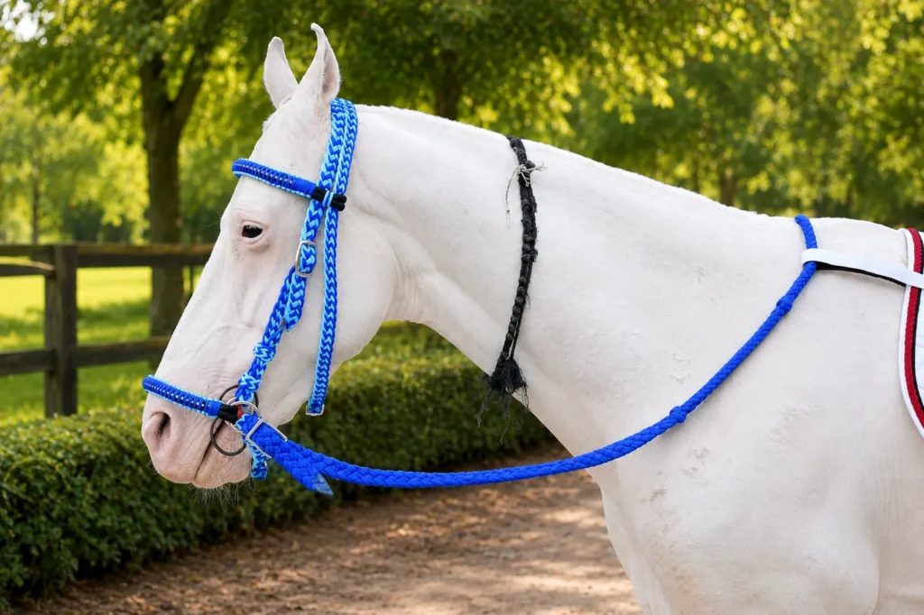 Diamond Cut Rope Bridle Gallery Image 3 - Braided diamond-cut gem poly rope horse bridle in blue color with iron fittings. Designed in full size, it features adjustable...