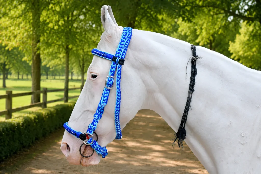Diamond Cut Rope Bridle Gallery Image 1 - Braided diamond-cut gem poly rope horse bridle in blue color with iron fittings. Designed in full size, it features adjustable...