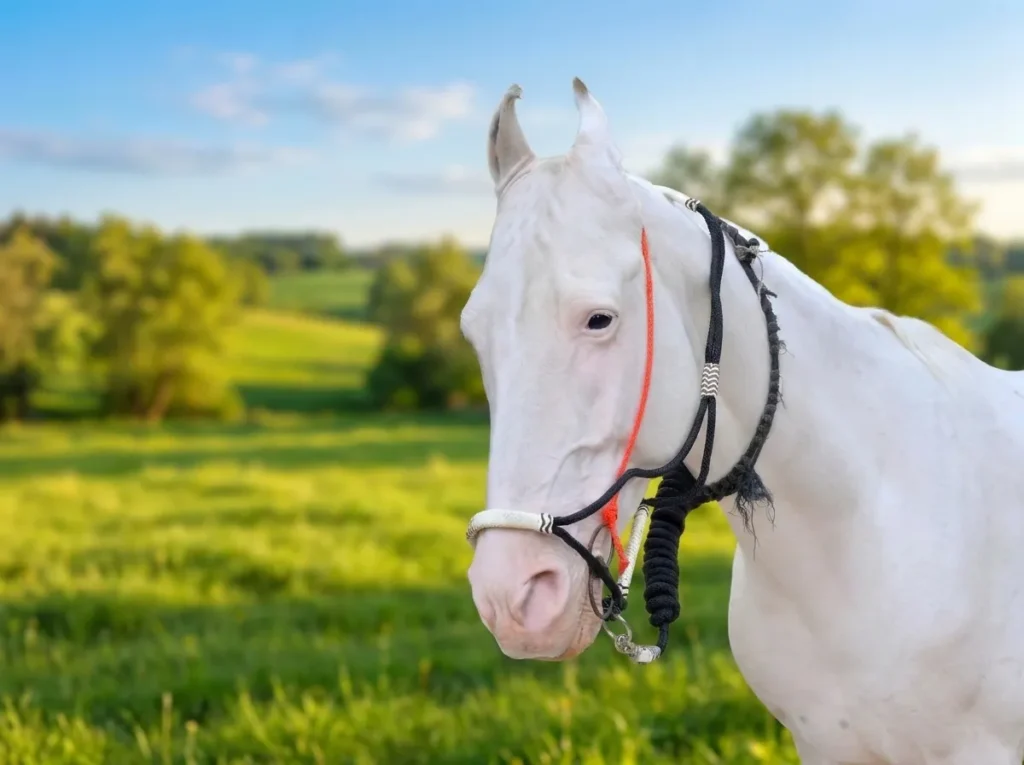 Nylon Halter With Reins Gallery Image 1 - Nylon Rope Horse Stable Track Nose Band Braided Horse Halter with Lead, Full Size, Iron Hardware Material, Fullay Adjustable Horse...