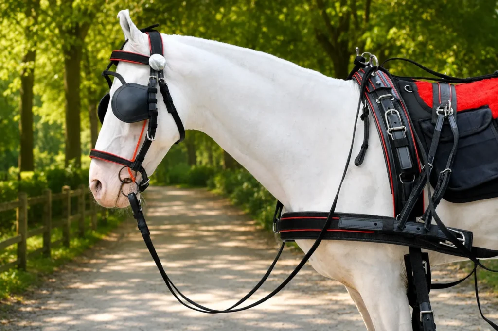 Nylon Tape Harness Gallery Image 1 - Red nylon horse driving harness set made with black PP nylon tape and stainless steel fitting material. Designed in full...