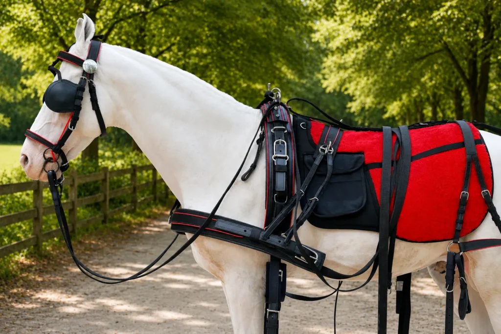 Nylon Tape Harness Gallery Image 2 - Red nylon horse driving harness set made with black PP nylon tape and stainless steel fitting material. Designed in full...