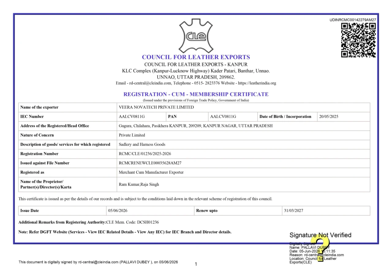 Veera NovaTech CLE Registration Certificate
