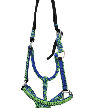 Brided Rope Halter - Hand-braided poly nylon rope halter in mixed green and blue color with diamond-cut gem detailing. Designed in full size with...