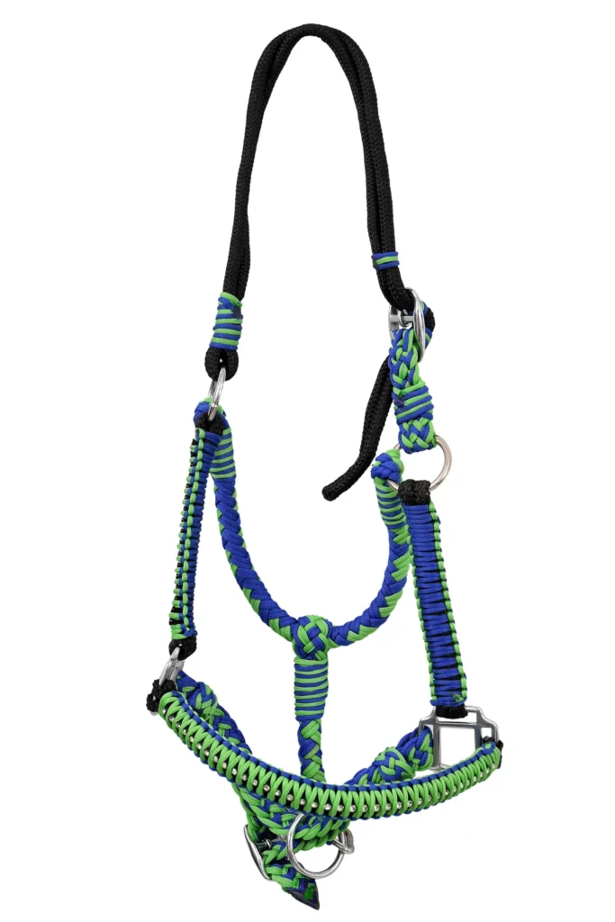 Brided Rope Halter - Hand-braided poly nylon rope halter in mixed green and blue color with diamond-cut gem detailing. Designed in full size with...