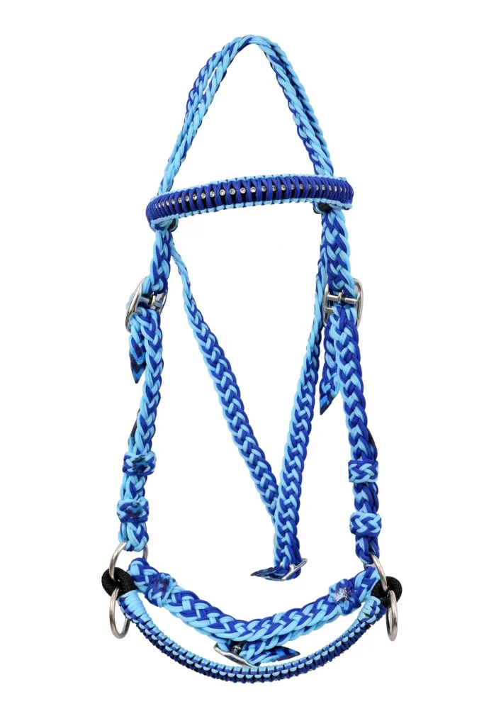 Diamond Cut Rope Bridle - Braided diamond-cut gem poly rope horse bridle in blue color with iron fittings. Designed in full size, it features adjustable...