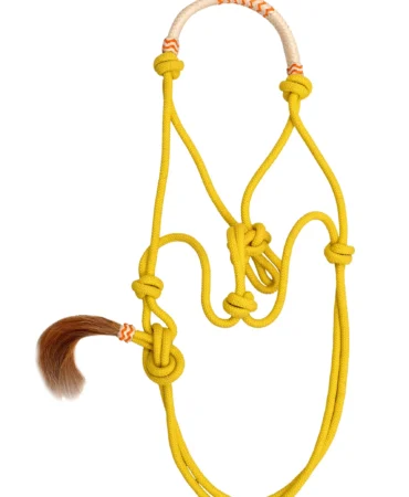 Rope Halter-Yellow - Yellow poly nylon rope horse halter featuring a decorative hair accent and full-size adjustable design. Built without hardware material, it...
