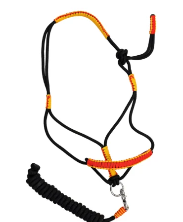 Nylon Halter With Reins - Braided nylon rope horse halter in mixed black and orange color with integrated lead and iron hardware. Designed in full...