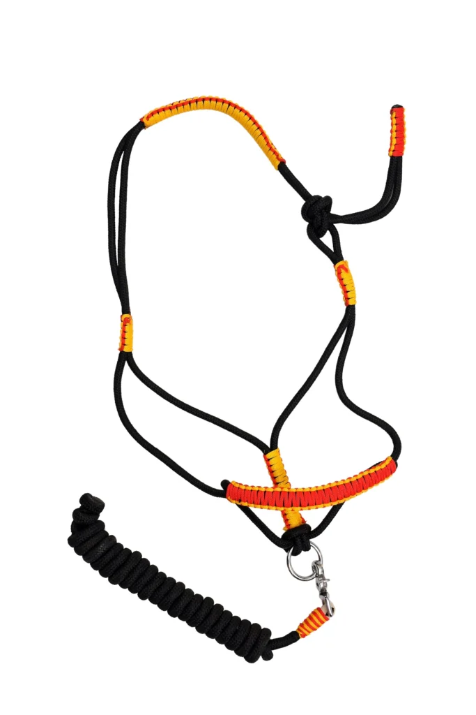 Nylon Halter With Reins - Braided nylon rope horse halter in mixed black and orange color with integrated lead and iron hardware. Designed in full...