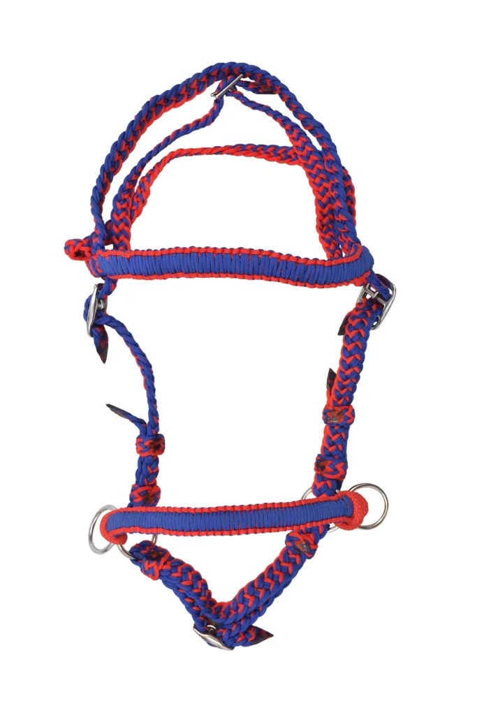 Brided Poly Nylon Bridle - Braided poly nylon rope horse bridle in mixed red and blue color with iron hardware fittings. Designed in full size...