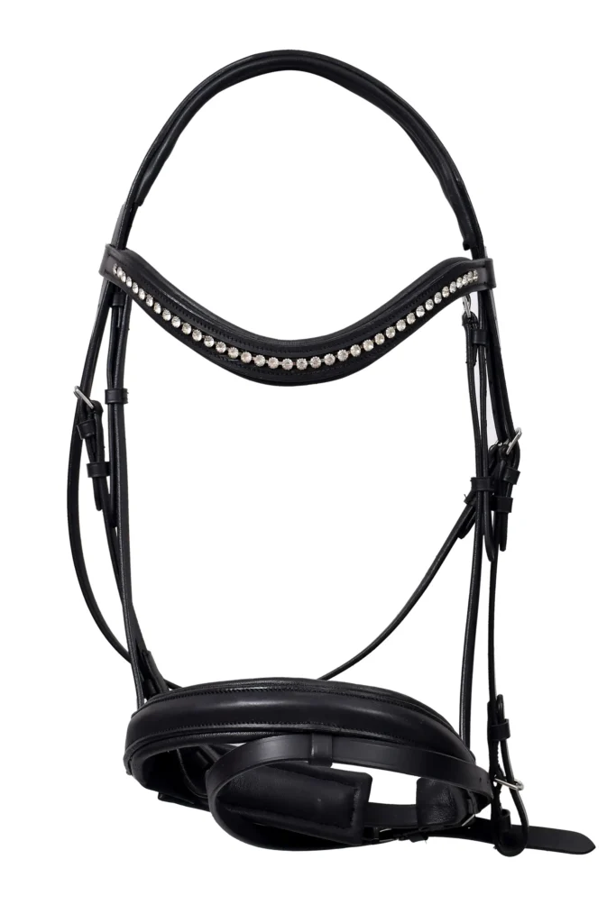 Bridle Leather 2 - Elegant black leather bridle featuring diamond-cut gem detailing, bit, jumping noseband, and soft cow leather padding. Crafted from black DD...