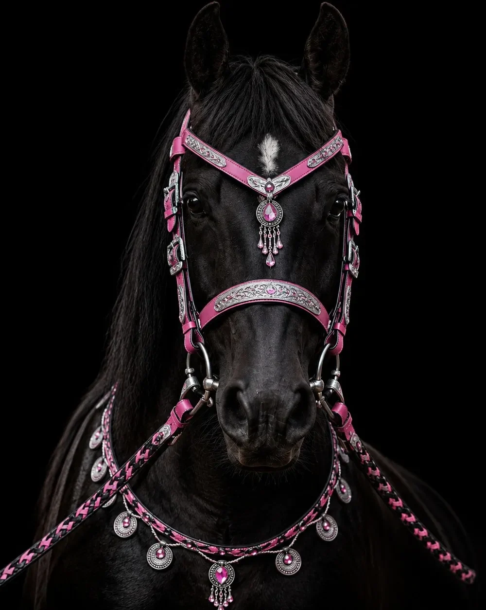 horse_img_2 A single horse showcasing VEERA NOVATECH's genuine leather harness, designed with durability, comfort, and quality craftsmanship for professional equestrian use.
