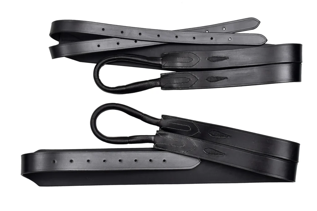 Leather Stirrups - Wide leather stirrup straps crafted from black DD leather for durable performance and dependable rider support. Designed in full size,...